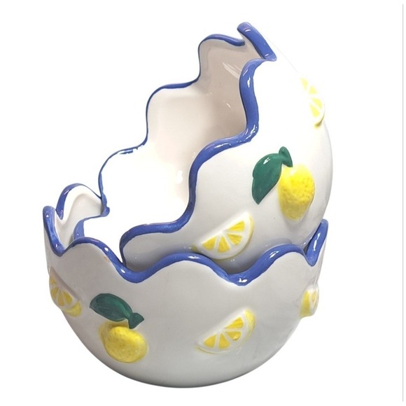 Luna & Sage Set of 2 Lemon Theme Bowls With Blue Scallop Rim Kitchen Dinnerware - Picture 2 of 11